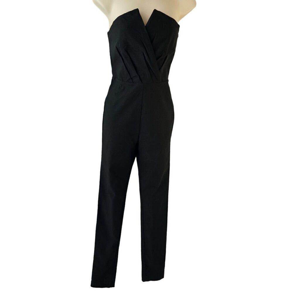 Nasty Gal Black Crossover Strapless Jumpsuit Sz S Stretch Skinny Leg Bone Bodice
